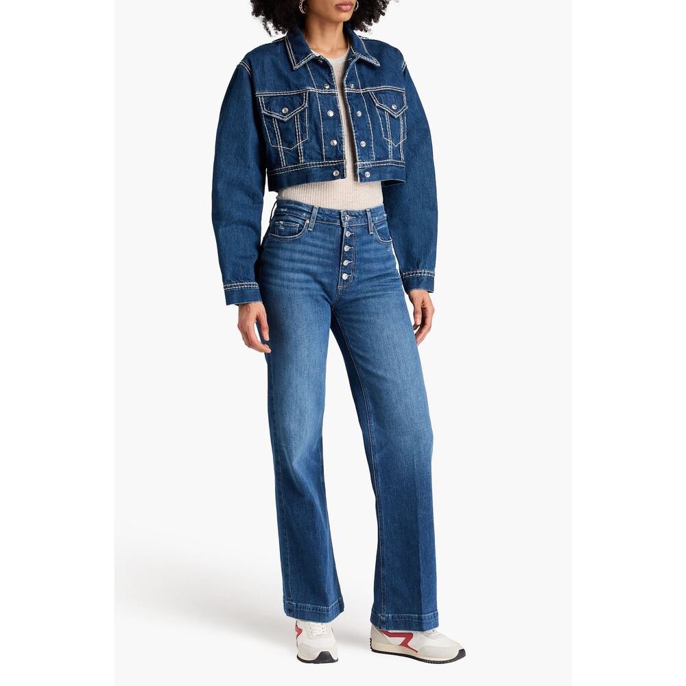 PAIGE Leenah Wide Leg High Rise Jeans Exposed Button Fly Blue Denim Sz 28 GREAT